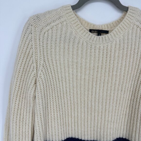 Maje Color Block Striped Sweater S Alpaca Wool Chunky Ribbed Cream Blue - Picture 4 of 7